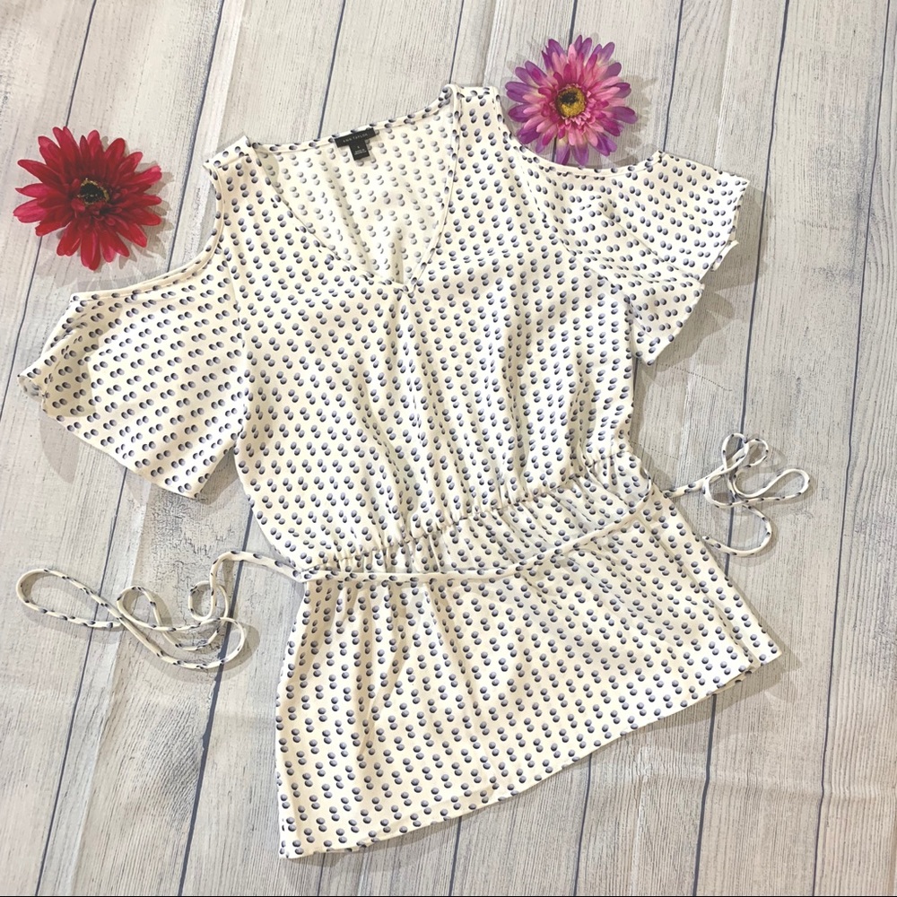 Ann Taylor Dot Cold Shoulder Tie Waist Top